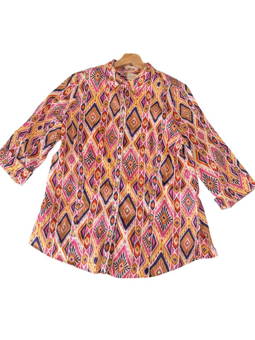 Chico's Multicolor Geometric Pattern Collared Linen Blouse Size Small - Picture 2 of 10